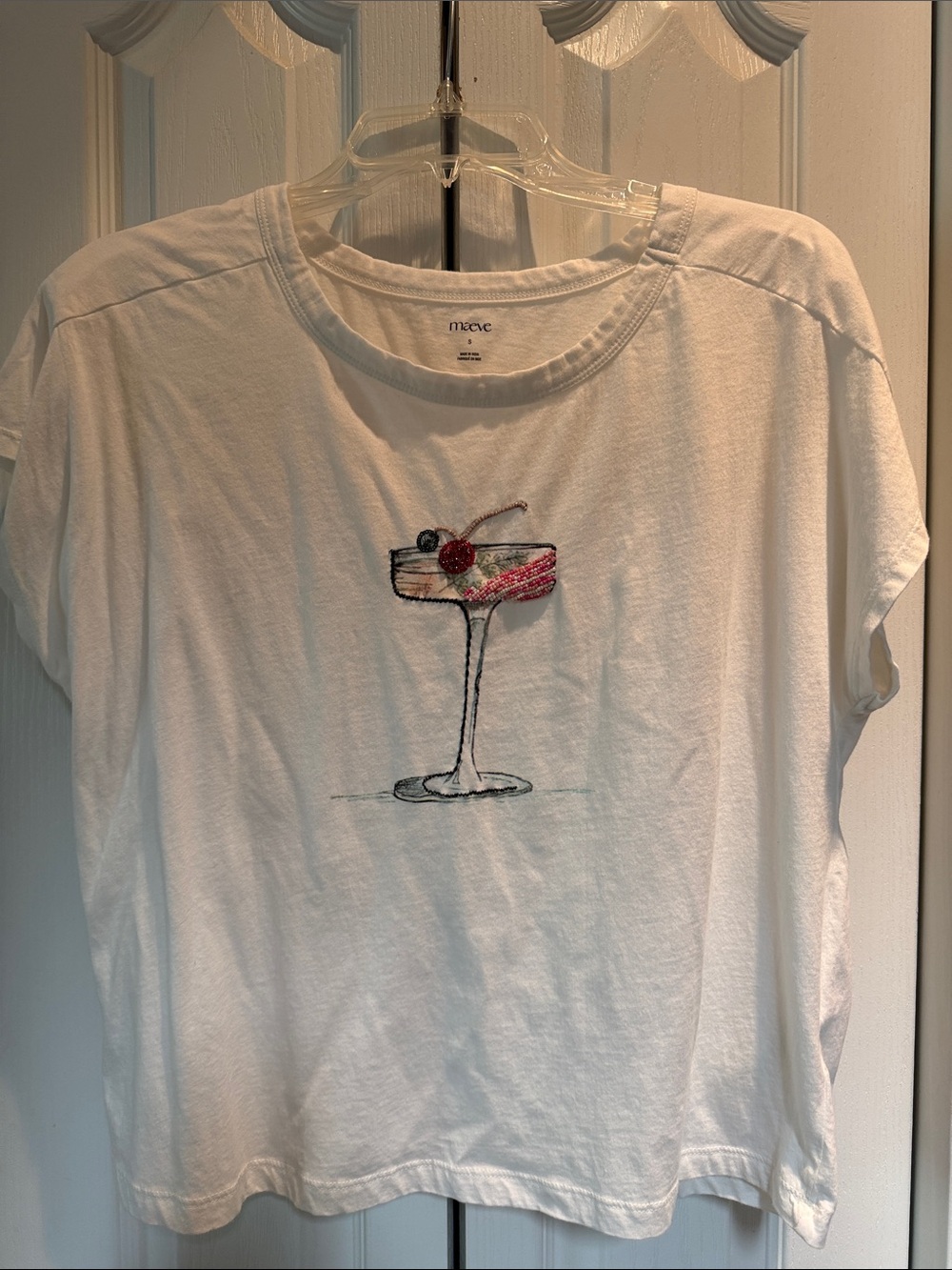 Maeve White Short-Sleeve Tee with Embroidered Cocktail Motif
